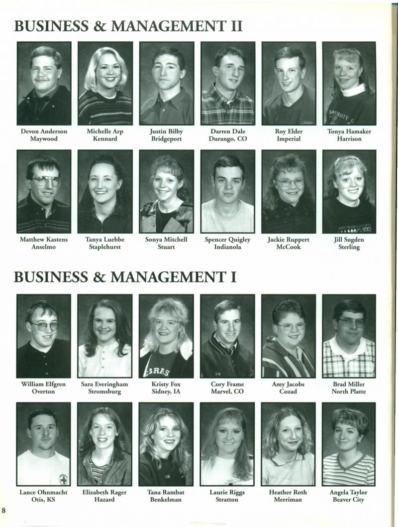 1998 Devon Anderson, Michelle Arp, Justin Bilby, Darren Dale, Roy Elder, Tonya Hamaker, Matthew Kastens, Tanya Luebbe,Sonya Mitchell, Spencer Quigley, Jackie Ruppert, Jill Sugden, William Elfgren, Sara Everingham, Kristy Fox, Cory Frame, Amy Jacobs, Brad Miller, Lance Ohnmacht, Elizabeth Rager, Tana Rambat, Laurie Riggs, Heather Roth, Angela Taylor,