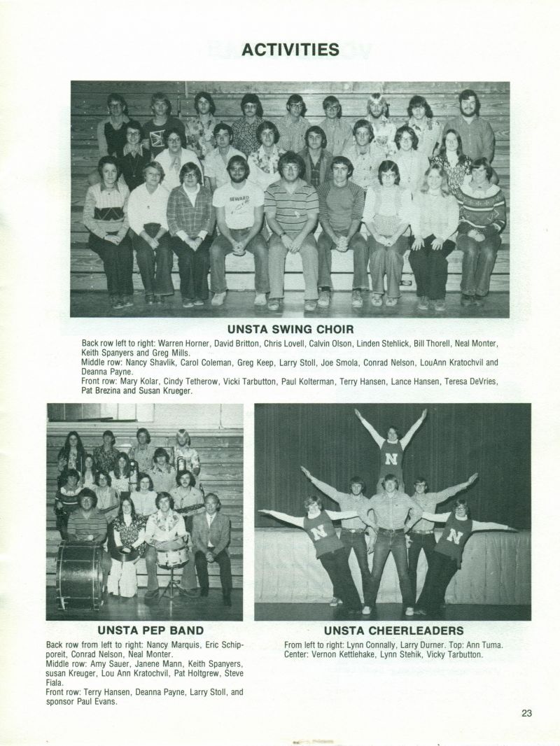 1977 Warren Horner, David Britton, Chris Lovell, Calvin Olson, Linden Stehlick, Bill Thorell, Neal Monter, Keith Panyers, Greg Mills, Nancy Shavlik, VCarol Coleman, Greg Keep, Larry Stollk Joe Smola, Conrad Nelson LouAnn Kratochvil, Deanna Payne, Mary Kolar Cindy Tetherow, Vicki Tarbutton, Paul Kolterman, Terry Hansen, Lance Hansen, Teresa DeVries, Pat Brezina, Susan Krueger, Nancy Marquis, Eric Schipporeit, Conrad Nelson, Neal Monter, Amy Sauer, Janene Mann, Keith Spanyers, Susan Kreuger, Lou Ann Kratochvil, LouAnn Kratochvil, Pat Holtgrew, Steve Fiala, Terry Hansen, Deanna Payne, Larry Stoll, Pat Evans. Lynn Connally, Larry Durner, Ann Tuma, Vernon Kettlehake, Lynn Stehik, Vicky Tarbutton, 