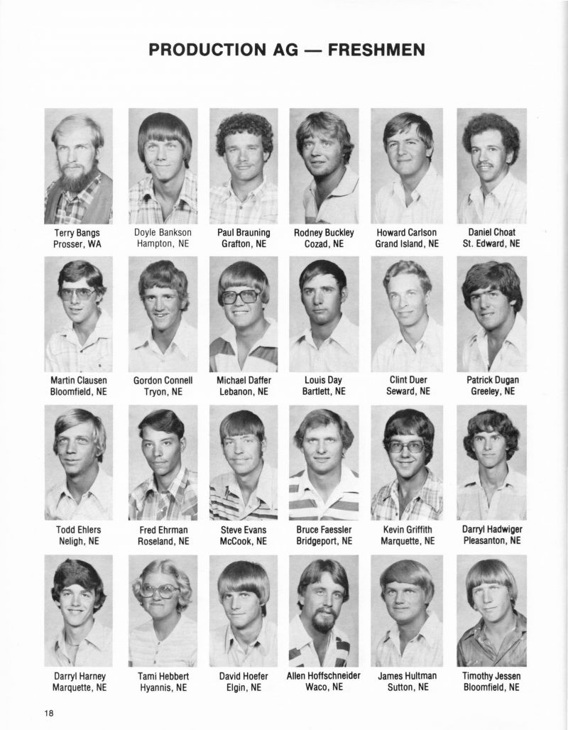 1980 Terry Bangs, Doyle Bankson, Paul Brauning, Rodney Buckley, Howard Carlson, Daniel Choat, Martin Clausen, Gordon Connell, Michael Daffer, Louis Day, Clint Duer, Patrick Dugan, Todd Ehlers, Fred Ehrman, Steve Evans, Bruce Faessler, Kevin Griffith, Darryl Hadwiger, Darryl Harney, Tami Hebbert, David Hoefer, Allen Hoffschneider, James Hultman, Timothy Jessen,  