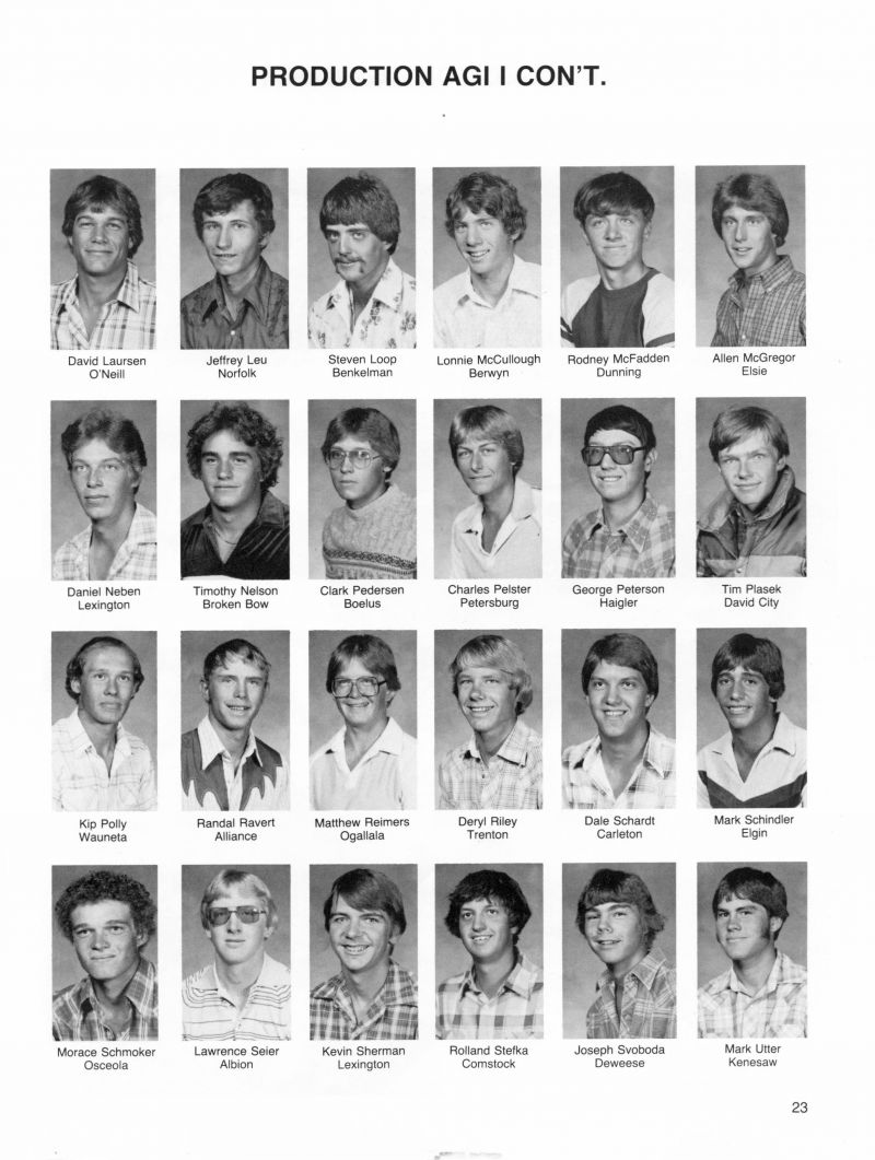 1982 David Laursen, Jeffrey Leu, Steven Loop, Lonnie McCullough, Rodney McFadden, Allen McGregor, Daniel Neben, Timothy Nelson, Clark Pedersen, Charles Pelster, George Peterson, Tim Plasek, Kip Polly, Randal Ravert, Matthew Reimers, Deryl Riley, Dale Schardt, Mark Schindler, Morace Schmoker, Lawrence Seier, Kevin Sherman, Rolland Stefka, Joseph Svoboda, Mark Utter,   