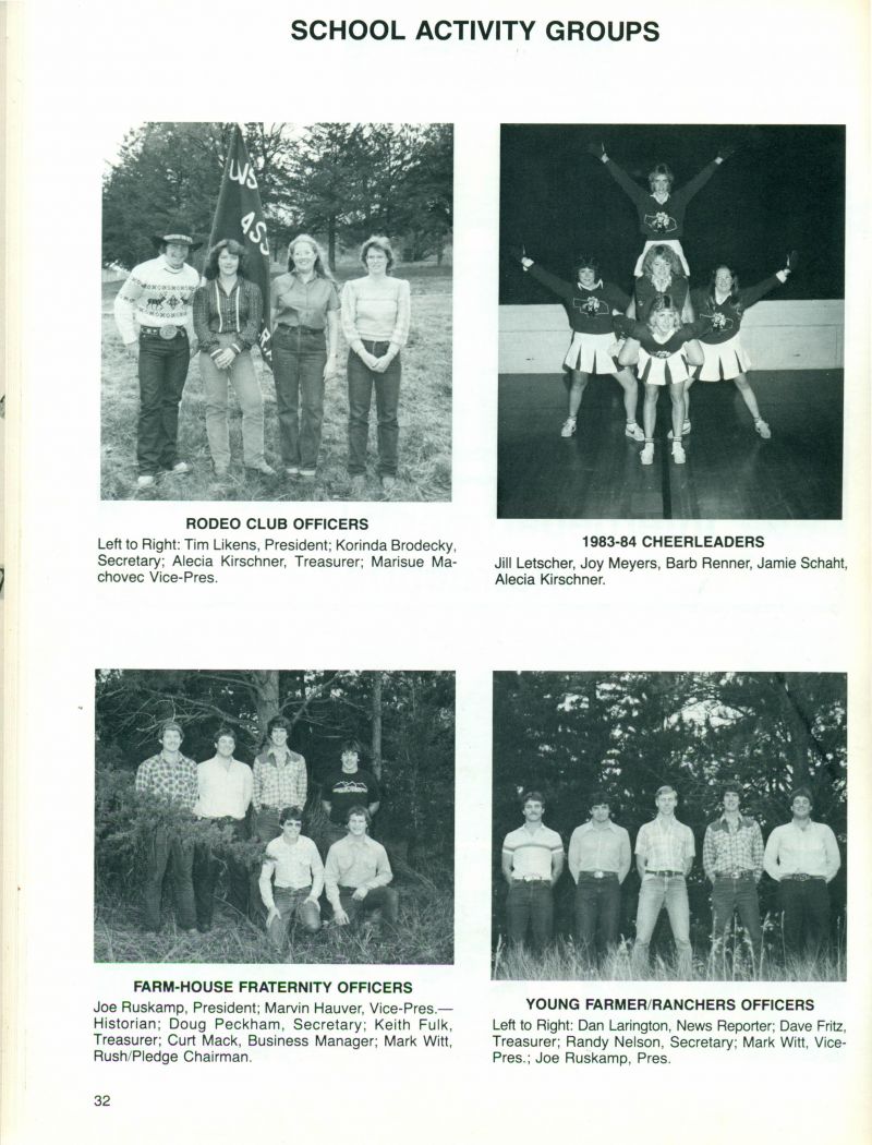 1984 Tim Likens, Korinda Brodecky, Alecia Kirschner, Marisue Machovec, Jill Letscher, Joy Meyers, Barb Renner, Jamie Schaht, Alecia Kirschner, Joe Ruskamp, Marvin Hauver, Doug Peckham, Keith Fulk, Curt Mack, Mark Witt, Dan Larington, Dave Fritz, Randy Nelson, Mark Witt, Joe Ruskamp,