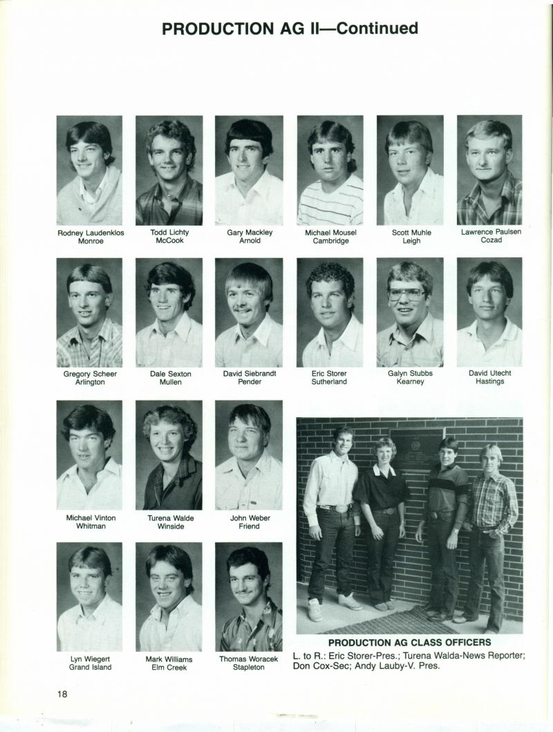 1985 Rodney Laudenklos, Todd Lickty, Gary Mackley, Michael Mousel, Scott Muhle, Lawrence Paulsen, Gregory Scheer, Dale Sexton, David Siebrandt, Eric Storer, Galyn Stubbs, David Utecht, Michael Vinton, Turena Walde, John Weber, Lyn Wiegert, Mark Williams, Thomas Woracek, Don Cox, Andy Lauby, Donald Cox,