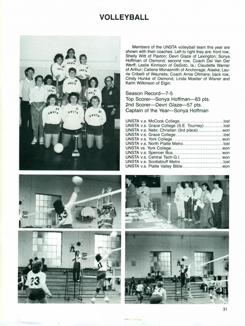 1985 Shelly Witt, Devri Glaze, Sonya Hoffman, Del Van Der Werff. Leslie Kinnison, Claudette Warner, Callene Monasmith, Laurie Cribelli, Arnie Oltmans. Cindy Hunke, Linda Moeller, Karin Wilkinson,