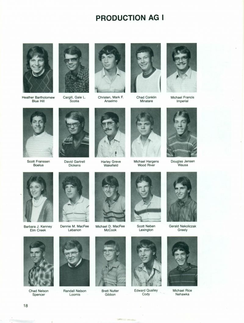 1986 Heather Bartholomew, Gale Cargill, Mark Christen, Chad Conklin, Michael Francis, Scott Franssen, David Gartrell, Harley Greve, Michael Hargens, Douglas Jensen, Barbara Kenney, Dennie MacFee, Dennie M MacFee, Michael MacFee, Michael D MacFee, Scott Neben, Gerald Nekoliczak, Chad Nelson, Randall Nelson, Brett Nutter, Edward Qualley, Michael Rice, 