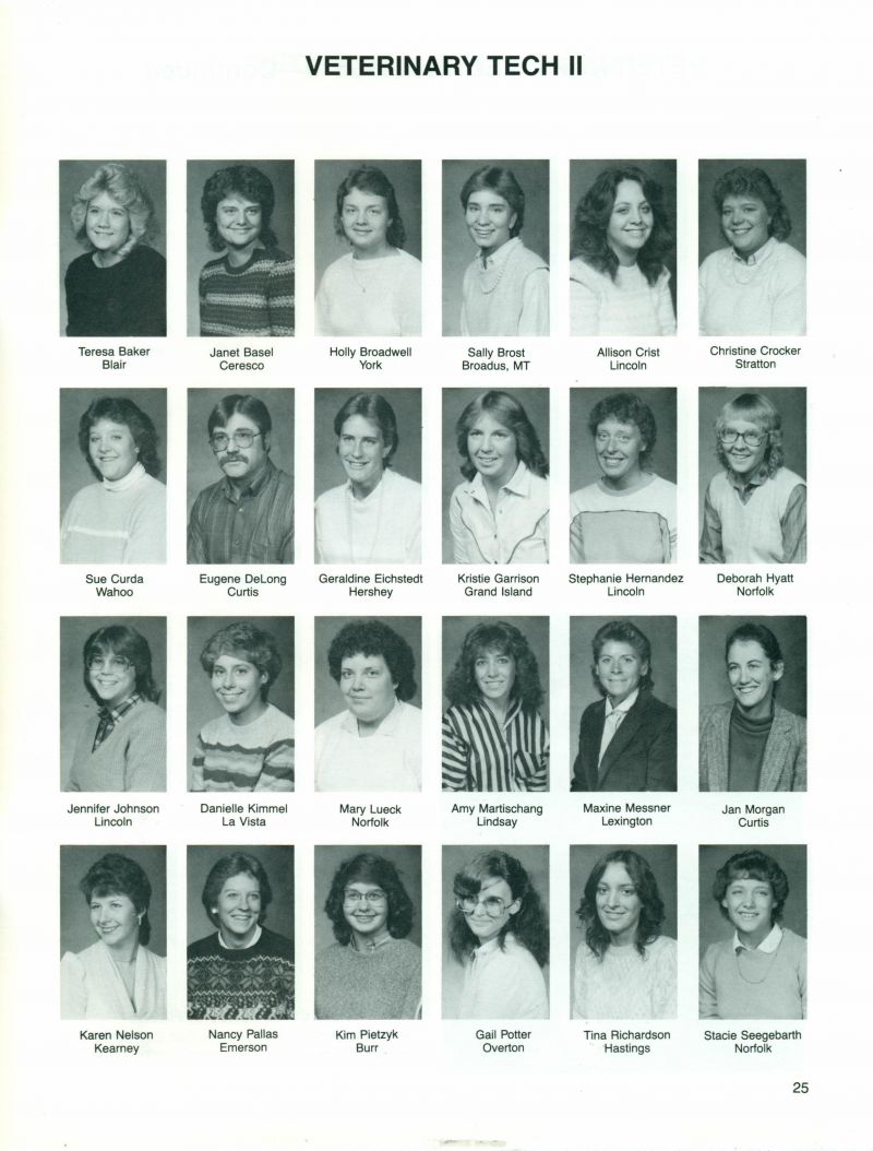 1986 Teresa Baker, Janet Basel, Holly Broadwell, Sally Brost, Allison Crist, Christine Crocker, Sue Curda, Eugene DeLong, Geraldine Eichstedt, Kristie Garrison, Stephanie Hernandez, Deborah Hyatt, Jennifer Johnson, Danielle Kimmel, Mary Lueck, Amy Martischang, Maxine Messner, Jan Morgan, Karen Nelson, Nancy Pallas, Kim Pietzyk, Gail Potter, Tina Richardson, Stacie Seegebarth,