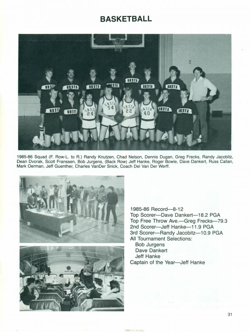 1986 Randy Knutzen, Chad Nelson, Dennis Dugan, Greg Frecks, Randy Jacobitz, Dean Dvorak, Scott Franssen, Bob Jurgens, Jeff Hanke, Rober Bowle, Dave Dankert, Russ Callan, Mark Oerman, Jeff Guenther, Charles VanDer Snick, Charles Van Der Snick, Charles VanDerSnick, Del Van Der Werff.