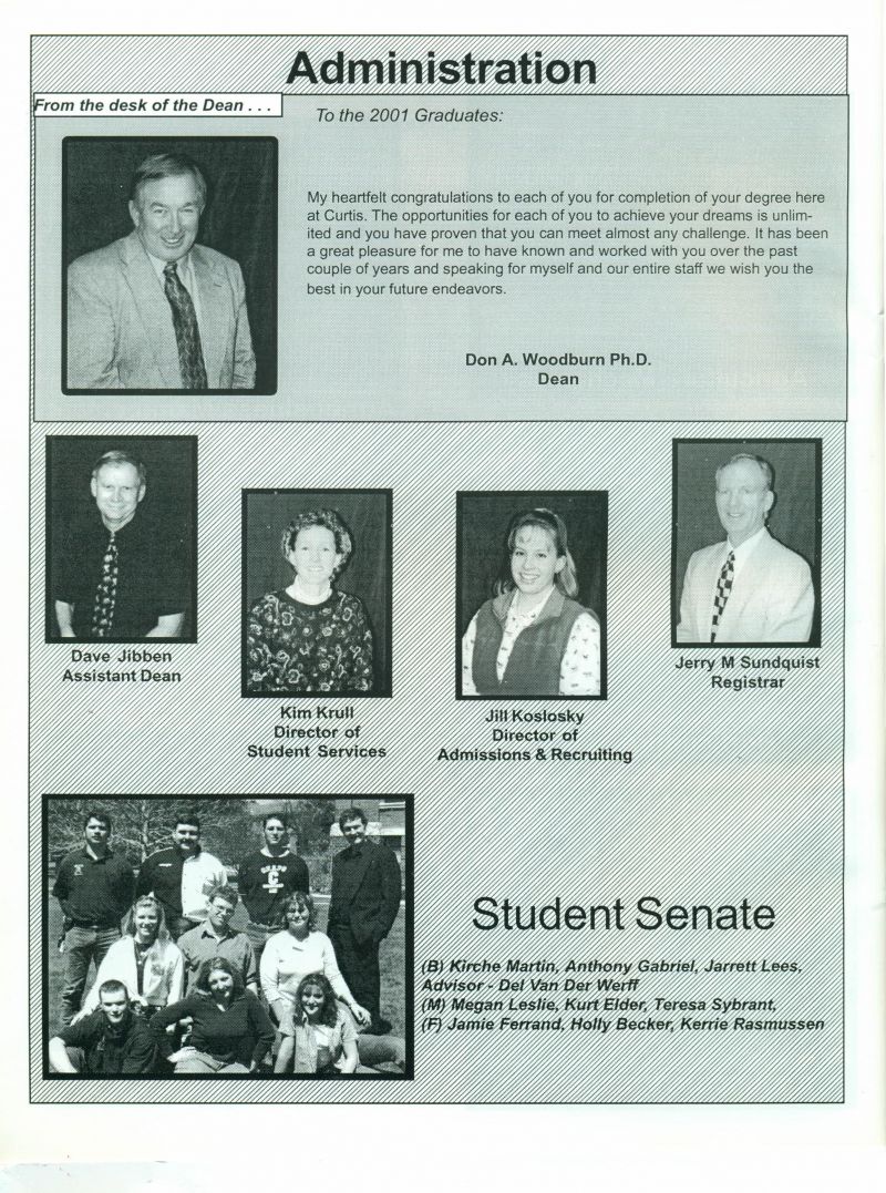 2001 Administration: Don A. Woodburn. Dave Jibben. Kim Krull. Jill Kosiosky. Jerry M Sundquist.

Student Senate: Kirche Martin, Anthony Gabriel, Jarrett Lees, Advisor: Del Van Der Werff, Megan Leslie, Kurt Elder, Teresa Sebrant, Jamie Ferrand, Holly Becker, Kerrie Rasmussen, 