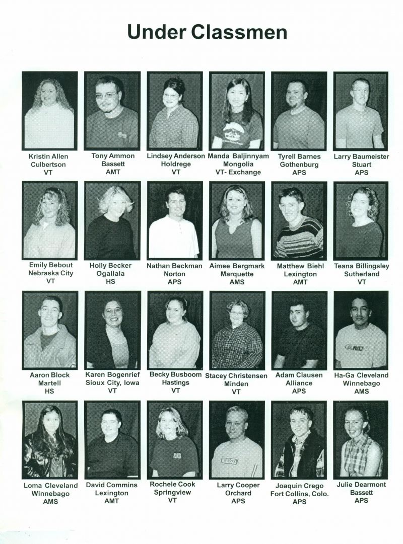 2001 Kristin Allen, Tony Ammon, Lindsey Anderson, Manda Baljinnyam, Tyrell Barnes, Larry Baumeister, Emily Bebout, Holly Becker, Nathan Beckman, Aimee Bergmark, Matthew Biehl, Teana Billingsley, Aaron Block, Karen Bogenrief, Becky Busboom, Stacey Christensen, Adam Clausen, Ha-Ga Cleveland, Loma Cleveland, David Commins, Rochele Cook, Larry Cooper, Joaquin Crego, Julie Dearmont, 