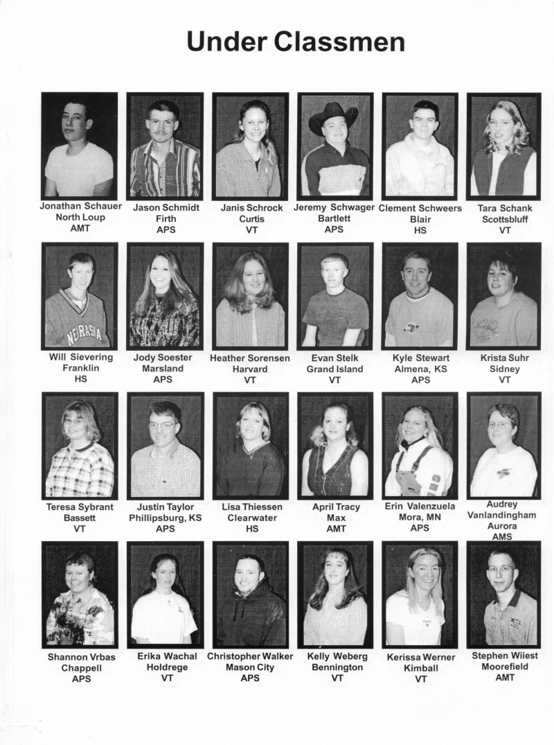 2001 Jonathan Schauer, Jason Schmidt, Janis Schrock, Jeremy Schwager, Clement Schweers, Tara Schank, Will Sievering, Jody Soester, Heather Sorensen, Evan Stelk, Kyle Stewart, Krista Suhr, Teresa Sybrant, Justin Taylor, Lisa Thessen, April Tracy, Erin Valenzuela, Audrey Vanlandingham, Shannon Vrbas, Erika Wachal, Christopher Walker, Kelly Weberg, Kerissa Werner, Stephen Wiiest 