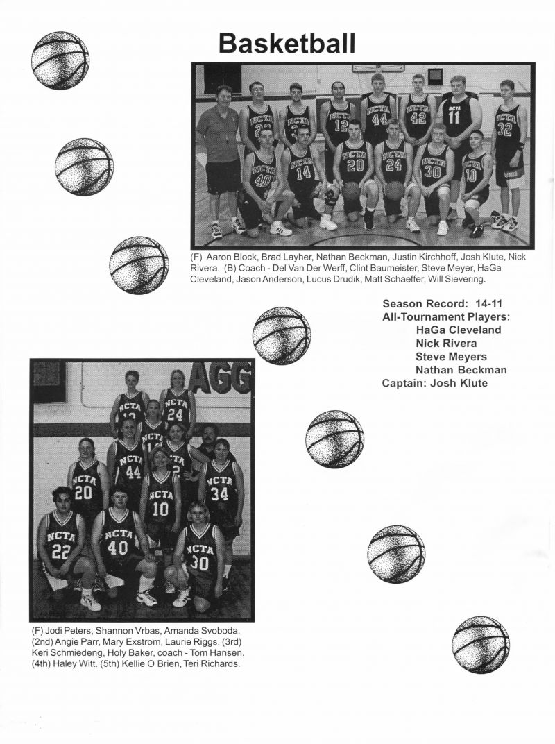 2001 Men: Aaron Block, Brad Layher, Nathan Beckman, Justin Kirchhoff, Josh Klute, Nick Rivera, Coach: Del Van Der Werff, Clint Baumeister, Steve Meyer, HaGa Cleveland, Jason Anderson, Lucas Drudik, Matt Schaeffer, Will Sievering 
Women: Jodi Peters, Shannon Vrbas, Amanda Svoboda, Angie Parr, Mary Exstrom, Laurie Riggs, Keri Schmiedeng, Holy Baker, Coach: Tom Hansen, Haley Witt, Kellie O'Brien, Teri Richards 
