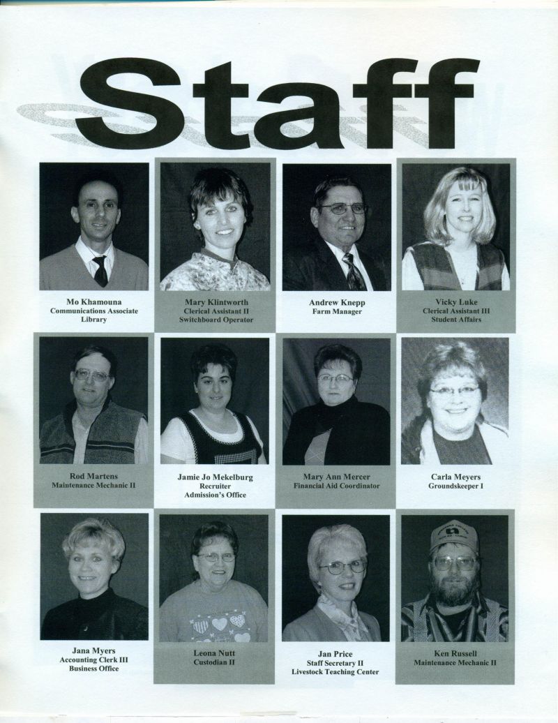 2002 Mo Khamouna. Mary Klintworth. Andrew Knepp. Vicky Luke. Rod Martens. Jamie Jo Mekelburg. Mary Ann Mercer. Mary Mercer. Carla Meyers. Jana Myers. Leona Nutt. Jan Price. Ken Russell. 