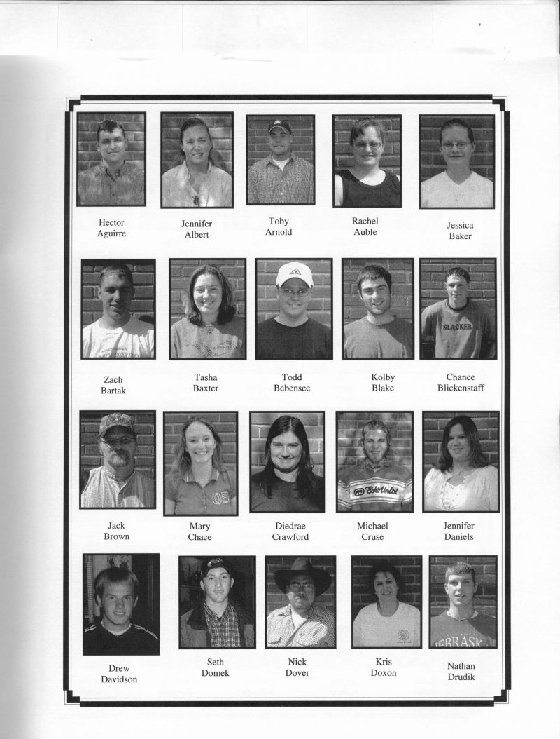 2004 Hector Aguirre, Jennifer Albert, Toby Arnold, Rachel Auble, Jessica Baker, Zach Bartak, Tasha Baxter, Todd Bebensee, Kolby Blake, Chance Blickenstaff, Jack Brown, Mary Chase, Diedrea Crawford, Micheal Cruse, Jennifer Daniels, Drew Davidson, Seth Domek, Nick Dover, Kris Doxon, Nathan Drudik,