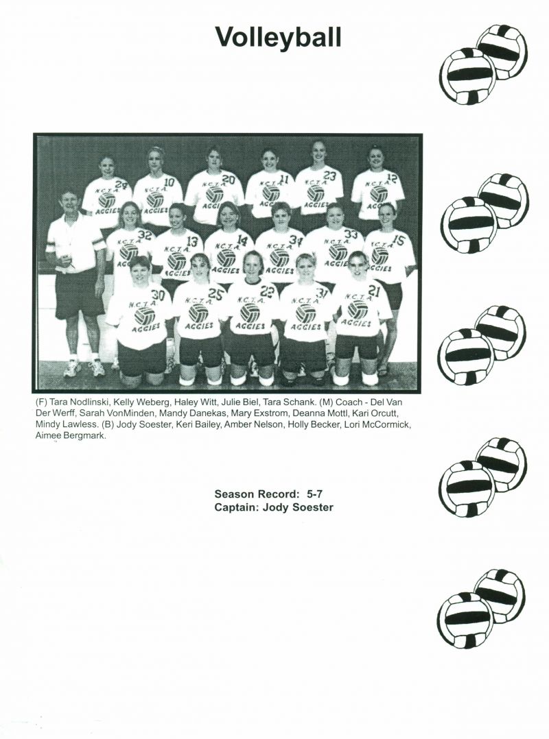 2001 Front: Tara Nodlinski, Kelly Weberg, Haley Witt, Julie Biel, Tara Shank.
Middle: Coach Del Van Der Werff, Sarah VonMinden, Mandy Danekas, Mary Extrom, Deanna Mottl, Kari Orcutt, Mindy Lawless.
Back: Jody Soester, Keri Bailey, Amber Nelson, Holly Becker, Lori McCormick, & Aimee Bergmark.

Season Record: 5-7, Captain: Jody Soester.   