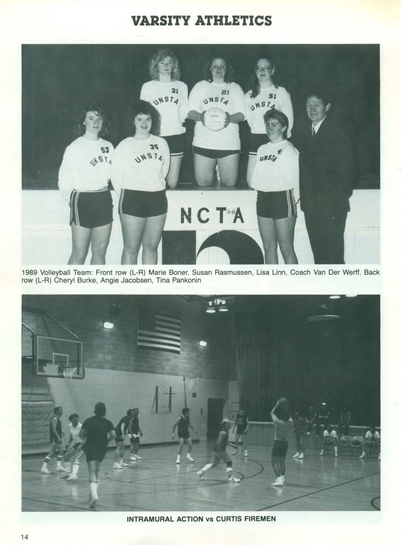 1990 Marie Boner, Susan Rasmussen, Lisa Linn, Cheryl Burke, Angie Jacobsen, Tina Pankonin, Coach Van Der Werff.