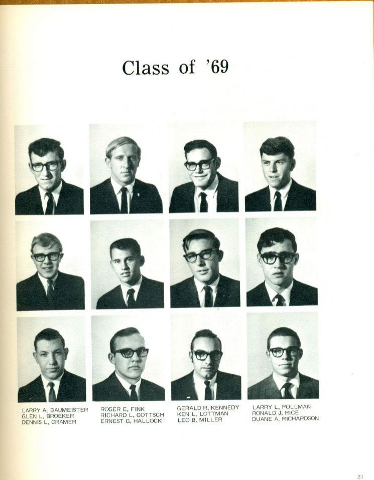 1970 Larry Baumeister, Glen Broeker, Dennis Cramer, Roger Fink, Richard Gottsch, Ernest Hallock, Gerald Kennedy, Ken Lottman, Leo Miller, Larry Pollman, Ronald Price, Duane Richardson,