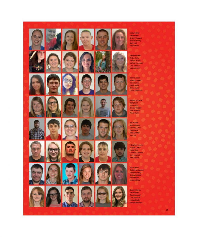 2017-2018 Amber Hilker, Kaitie Hilker, Sydney Hoegerl, Francis Holley, Baily Holt, Shelby Horn, Kaylee Hostier, Talyor Hovie, KeAnn Jacobs, Martina Janousek, Carli Johnson, Casi Johnson, Kianna Jones, Brandon Junker, Rosa Jurado, Dalton Keller, Devon Kieler, Lucus Kolterman, Brittany Koperski, Kayla Korf, Kyle Krantz, KyAnn Kreutzer, Kyler Kroeger, Trevor Kuhn, Will Kusant, Mick Lacavick, Christine Land, Wyatt Lane, Nate Lashley, Sam Lau, VStephen Lawson, Morgan Lease, Hunter Lee, Courtney Lenners, Cory Leanard, Nate Letcher, Slim Lincoln, Cathrine Ljungem, Cathrine, Ljunggem,Spencer Lofing, Colbey Luebbe, Matt Macfree, Jasmine Maly, Breann Manca, Kati Mannel, Remi Mansour, Luke Marshall, Jordan Martin, Kendra Marxen,