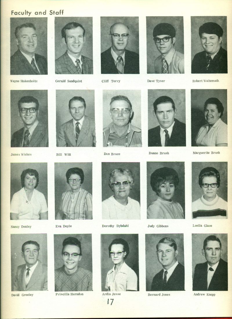 1972 Wayne Stukenholtz, Gerald Sundquist. Cliff Terry. Dave Tyser. Robert Walteemath. James Wickes. Bill Witt. Don Bruce. Duane Brush. Marguerite Brush.  Nancy Dealey. Eva Doyle. Dorothy Dybdahl. Judy Gibbons. Luella Glaze. David Greeley. Priscilla Herndon. Ardis Jesse. Bernard Jones. Andrew Knepp.

