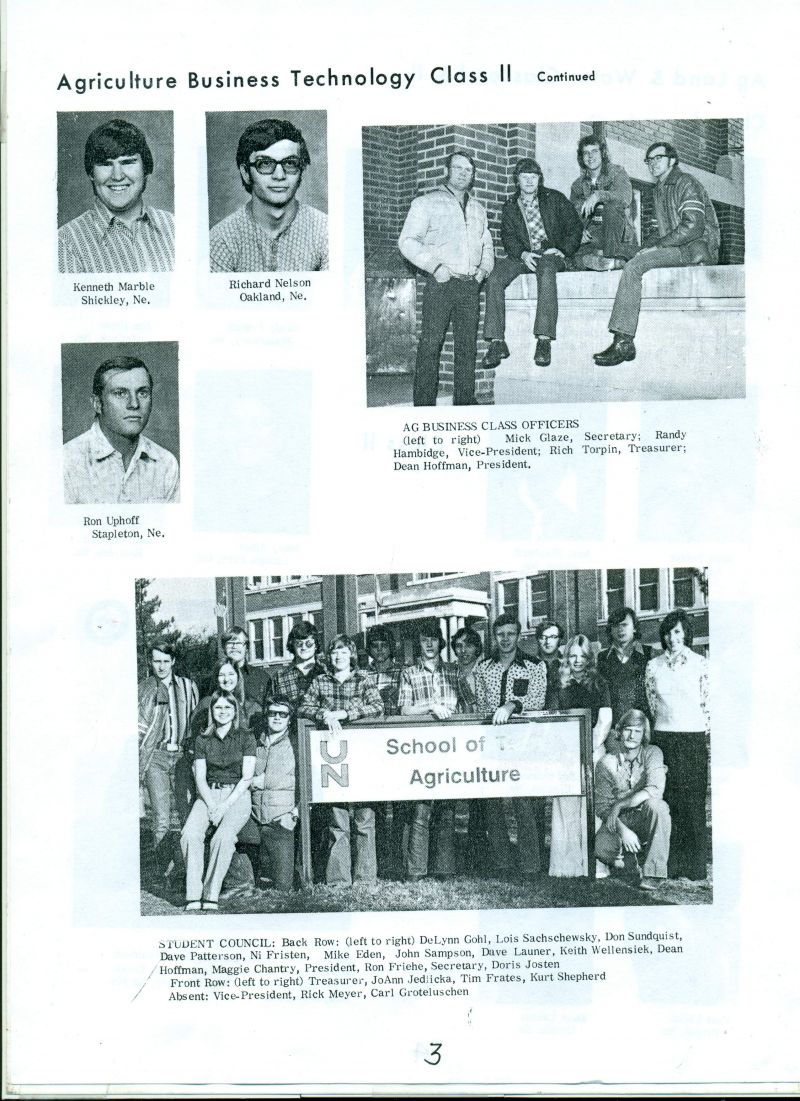 1975 Class II {cont.}:  Kenneth Marble,  Richard Nelson, & Ron Uphoff.

Insets:
* Ag Business Officers.
* Student Concil.