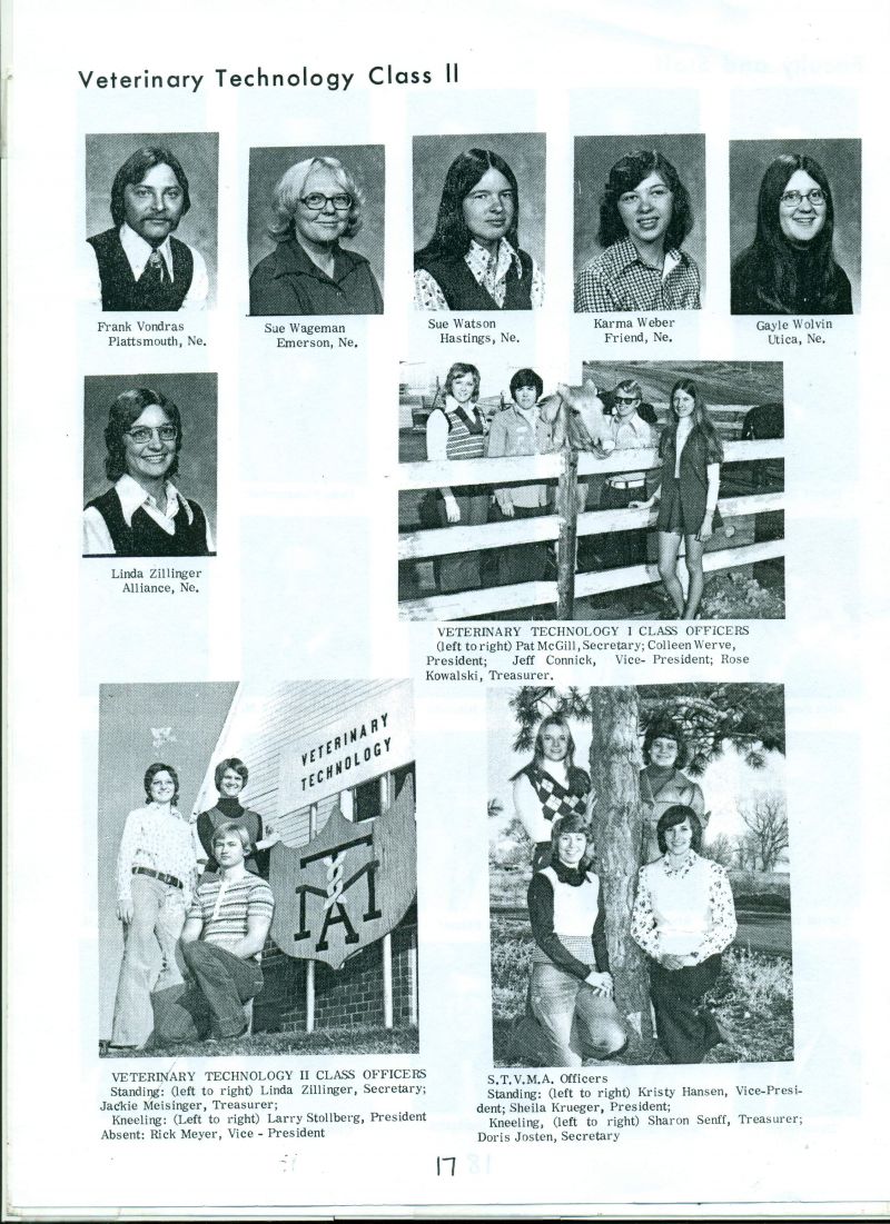 1975 Class II {Cont.}:
Frank Vondras, Sue Wagemann, Sue Watson, Karma Weber, Gayle Wolvin, & LInda Zillinger.

Insets:
Veterinary Technology: Class I Class Officers.
Veterinary Technology: Class II Class Officers.
STVMA Officers.