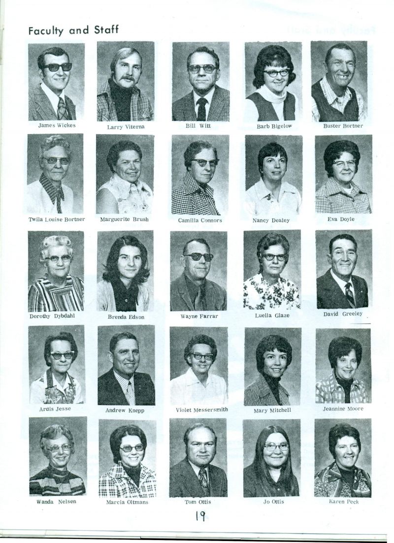 1975 James Wickes, Larry Viterna, Bill WItt, Barb Bigelow, Buster Bortner, Twila Louise Bortner, Marguerite Brush, Camilla Connors, Nancy Dealey, Eva Doyle, Dorothy Dybdahl, Brenda Edson, Wayne Farrar, Luella Glaze, David Greeley, Ardis Jesse, Andrew Knepp, Violet Messersmith, Mary Mitchell, Jeannine Moore, Wanda Nelsen, Marcia Oltmans, Tom Ottis, Jo Ottis, & Karen Peck.  