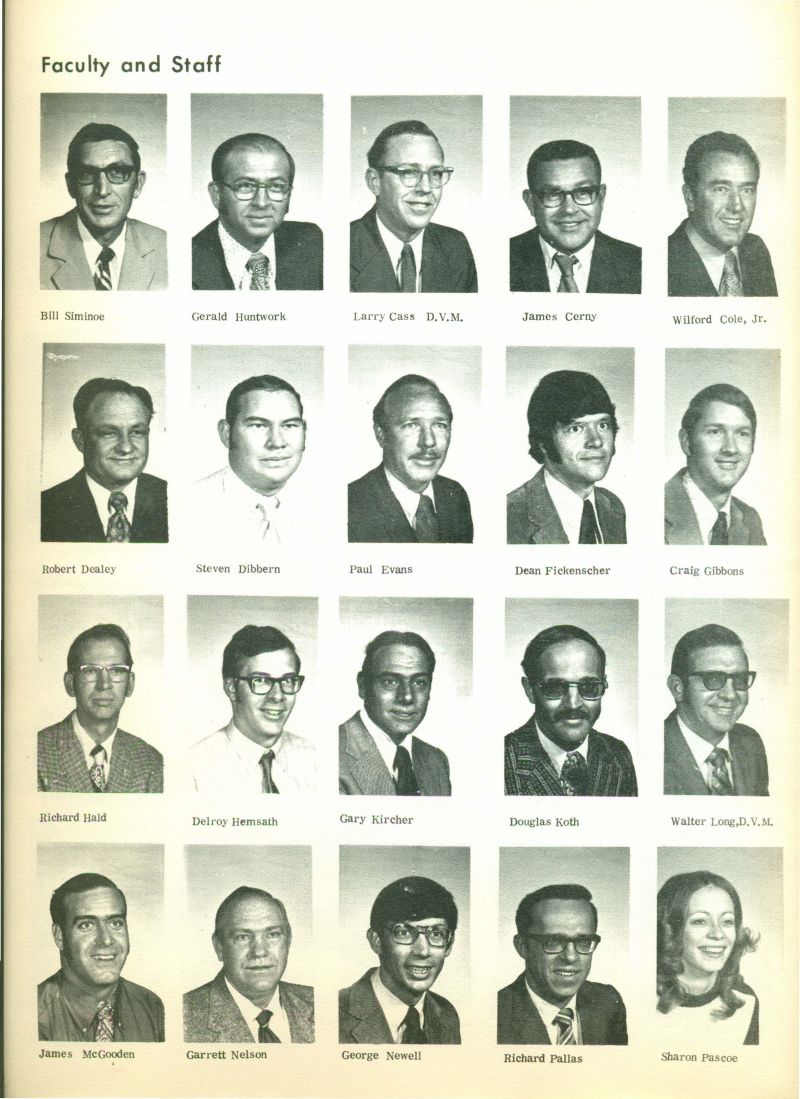 1973 Bill Siminoe. Gerald Huntwork. Larry Cass, DVM. James Cerny. Wilford Cole, Jr. Robert Dealey. Steven Dibbern. Paul Evans. Dean Fickenscher. Craig Gibbons. Richard Hald. Delroy Hemsath. Patricia Kenton. Gary Kircher. Douglas Koth. Walter Long, DVM. James McGooden, Garrett Nelson. George Newell. Richard Pallas. & Sharon Pascoe.