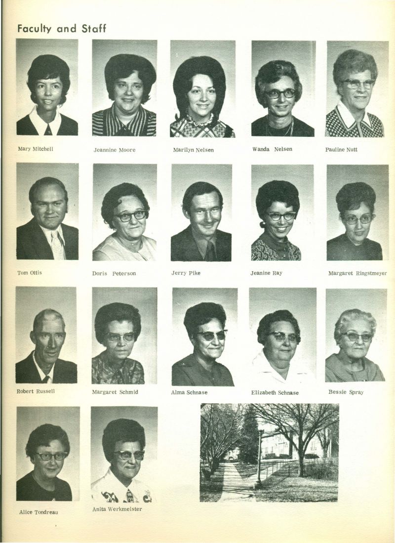 1973 Mary Mitchell. Jean Moore. Marilyn Nelson. Wanda Nelson.  Pauline Nutt. Tom Ottis. Doris Peterson. Jerry Pike. Jeanine Ray. Margaret Ringstmeyer. Robert Russell. Margaret Schmid. Alma Schnase. Elizabeth Schnase. Bessie Spray.  Mary Tondreau. & Anita Werkmeister.