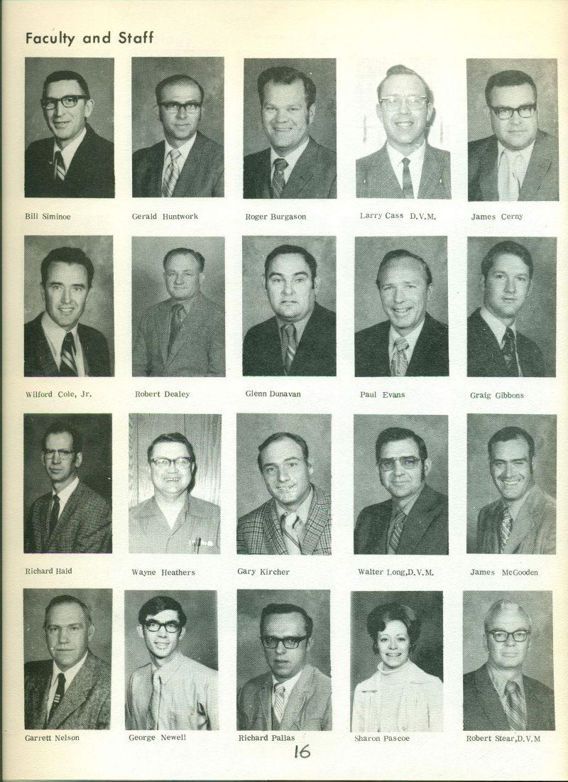 1972 Bill Siminoe. Gerald Huntwork. Roger Burgason. Larry Cass, DVM. James Cerny. Wilford Cole, Jr. Robert Dealey. Glenn Dunavan. Paul Evans. Craig Gibbons. Richard Hald. Wayne Heathers. Gary Kircher. Walter Long, DVM. Lames McGooden. Garrett Nelson. George Newell. Richard Pallas. Sharon Pascoe. & Robert Stear, DVM.

