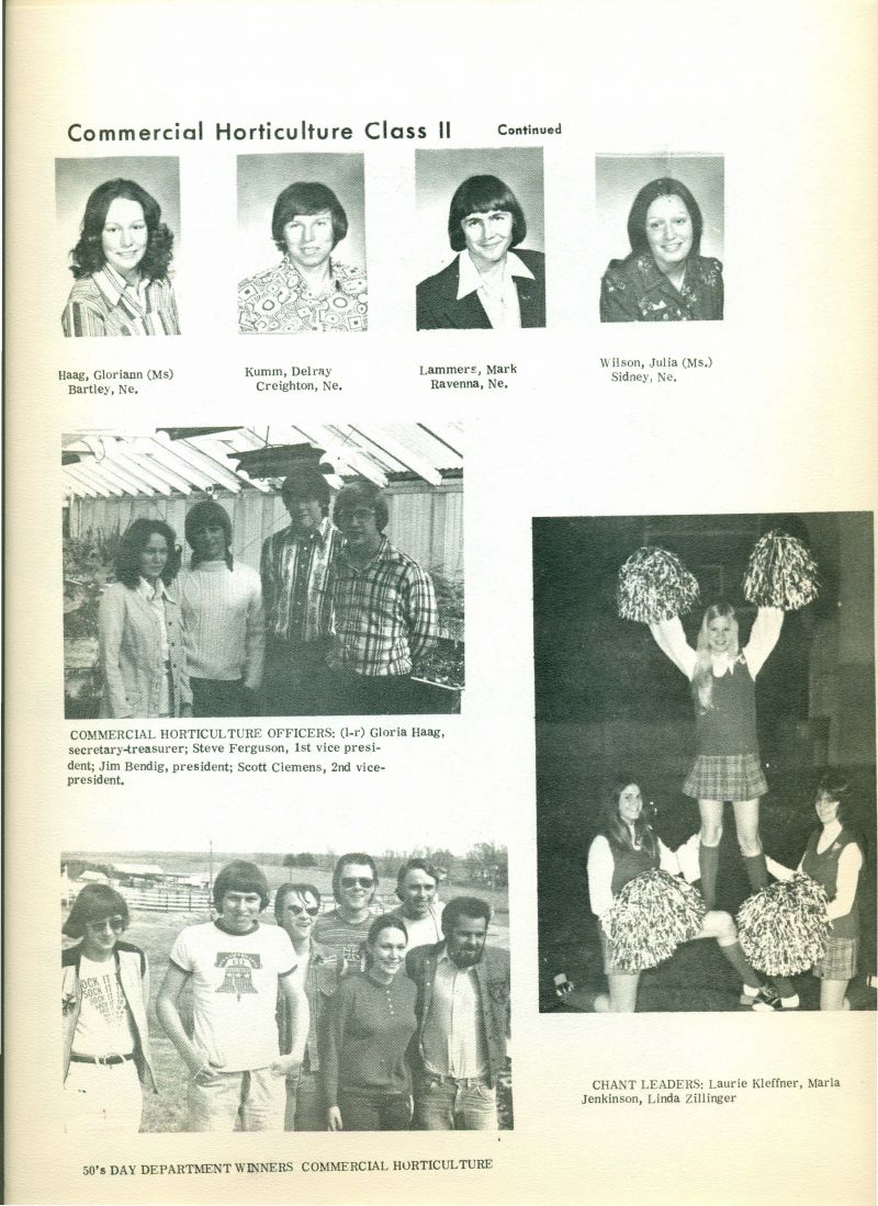 1974 Class II {cont.}:

Gloriann Haag, Delray Kumm, Mark Lammers, & Julia Wilson.

Insets:
* Commercial Horticulture Officers.
* 50's Day Department Winners Commercial Horticulture.
* Chant Leaders. 