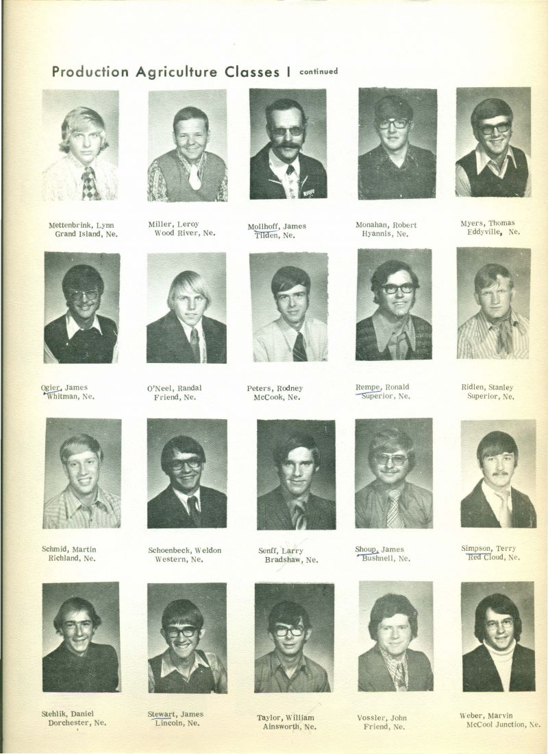 1974 Class I [cont.]: 
Lynn Mettenbrink, Leroy Miller, James Mollhoff, Robert Monahan, Thomas Myers, James Ogier, Randal O'Neel, Rodney Peters, Donald Rempe, Stanley Ridlen, Martin Schmid, Weldon Schoenbeck, Larry Senff, James Shoup, Terry Simpson, Daniel Stehlik, James Stewart, William Taylor, John Vossler, & Marvin Weber. 