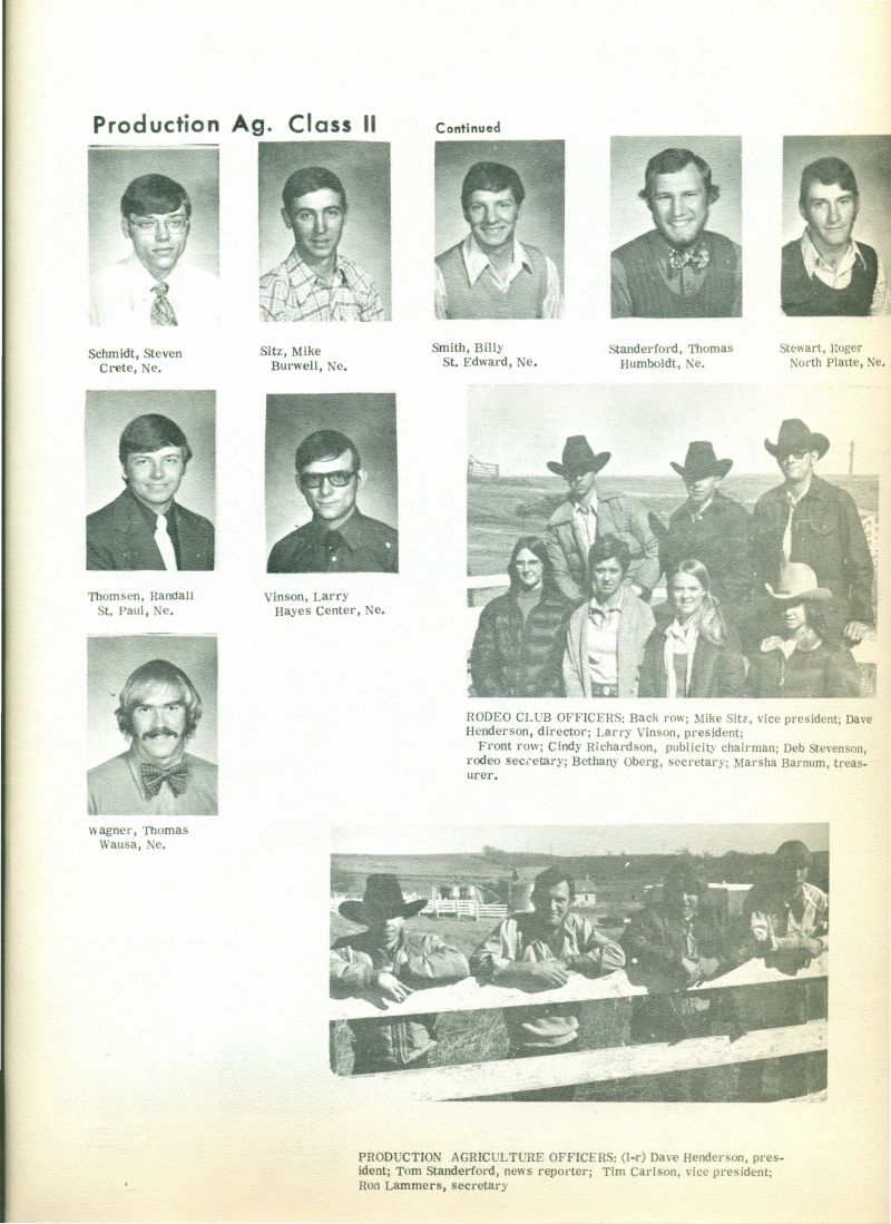 1974 Class II [cont.]:
Steven Schmidt, Mike Sitz, Billy Smith, Thomas Standerford, Roger Stewart, Randall Thomsen, Larry Vinson, & Thomas Wagner.

Insets:

* Rodeo Club Officers.
* Production Agriculture Officers. 