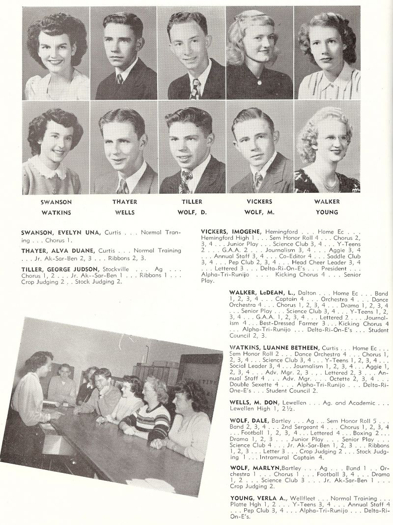 1949 Evelyn Swanson, Alva Thayer, George Tiller, Inogene Vickers, LeDean Walker, Luanne Watkins, Don Wells, Dale Wolf, Marlyn Wolf, Verla Young,