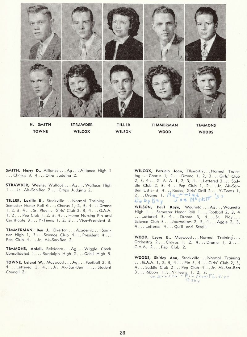 1950 Harry Smith, Wayne Strawder, Lucille Tiller, Ben Timmerman, Ardell Timmons, Leland Towne, Patricia Wilcox, Paul Wilson, Leora Wood, Shirley Woods,