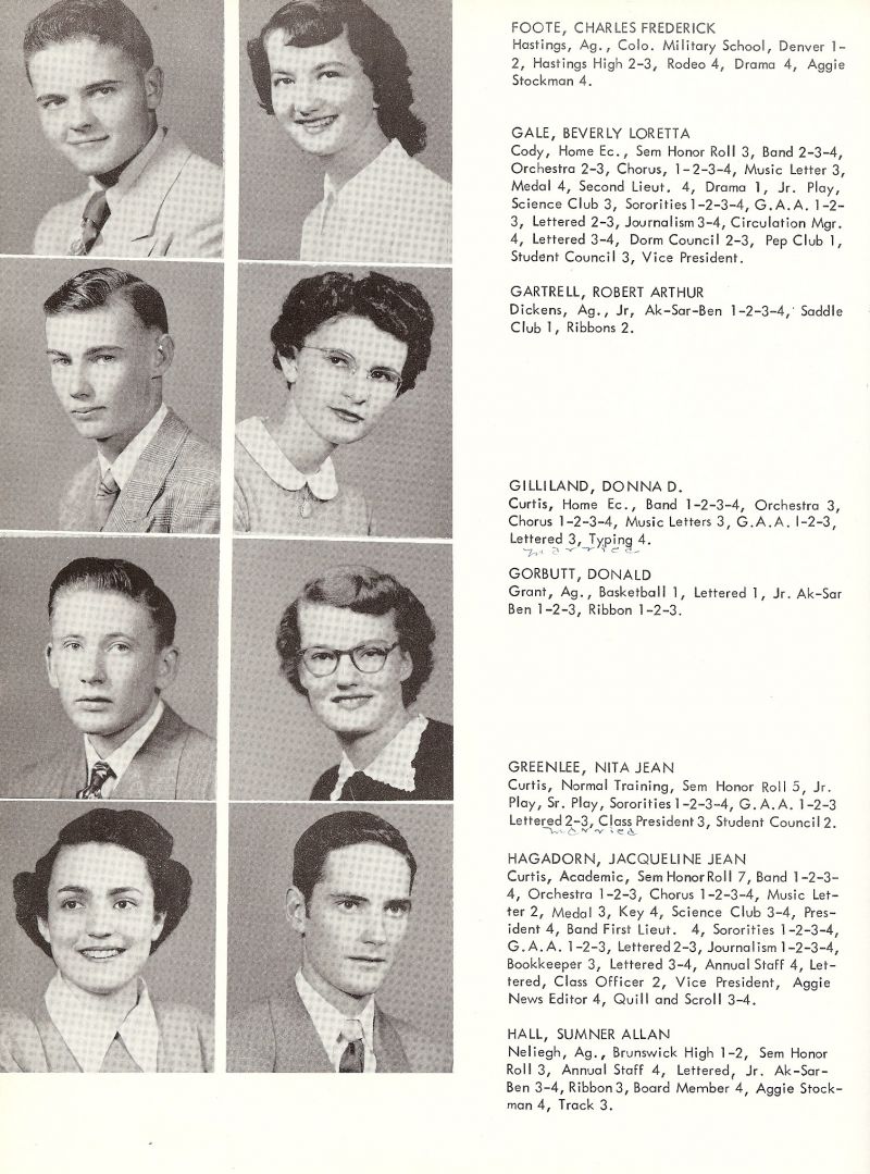 1952 Charles Foote, Beverly Gale, Robert Gartrell, Donna Gilliland, Donald Gorbutt, Nita Greenlee, Jacqueline Hagadorn, Sumner Hall,