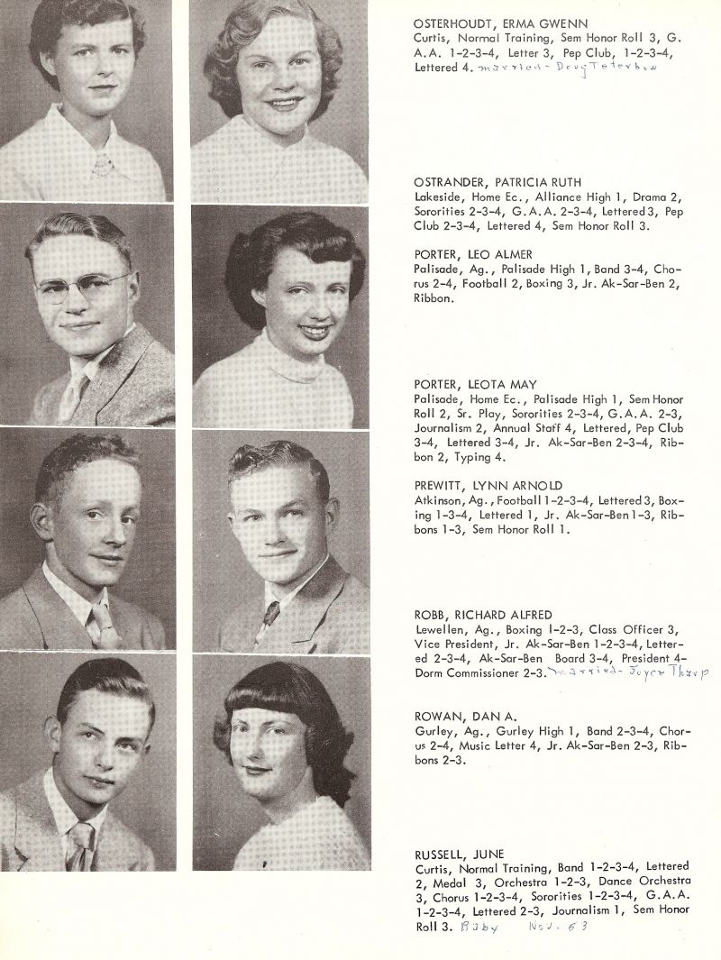 1952 Erma Osterhoudt, Patricia Ostrander, Pat Ostrander, Leo Porter, Leota Porter, Lynn Prewitt, Richard Robb, Dan Rowan, June Russell,