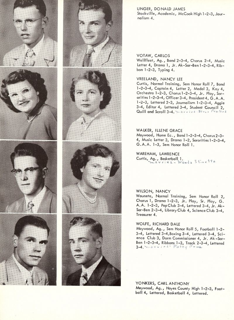 1952 Donald Unger, Carlos Votaw, Nancy Vreeland, Illene Walker, Lawrence Wareham, Nancy Wilson, Richard Wolfe, Carl Yonkers,