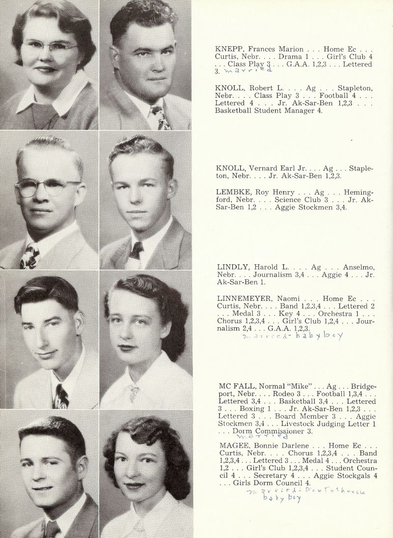 1953 Frances Knepp, Robert Knoll, Vernard Knoll Jr, Vernard Knoll, Roy Lembke, Harold Lindly, Naomi Linnemeyer, Normal McFall, Mike McFall, Bonnie Magee.