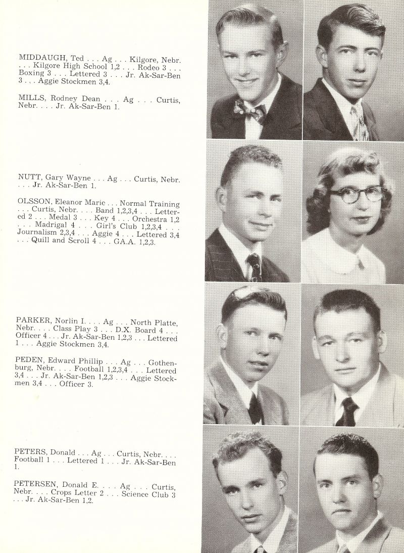 1953 Ted Middaugh, Rodney Mills, Gary Nutt, Eleanor Olsson, Nolin Parker, Edward Peden, Donald Peters, Donald Petersen,