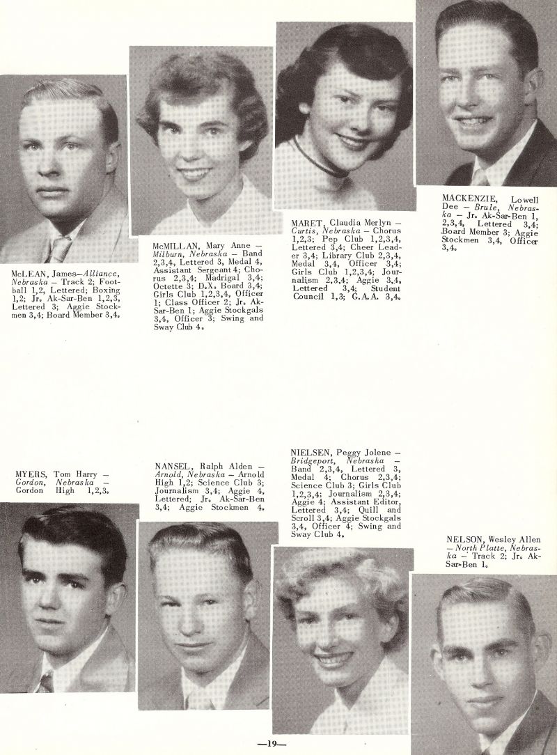 1954 James McLean, MaryAnne McMillan, Claudia Maret, Lowell Mackenzie, Tom Myers, Ralph Nansel, Peggy Nielsen, Wesley Nelson,