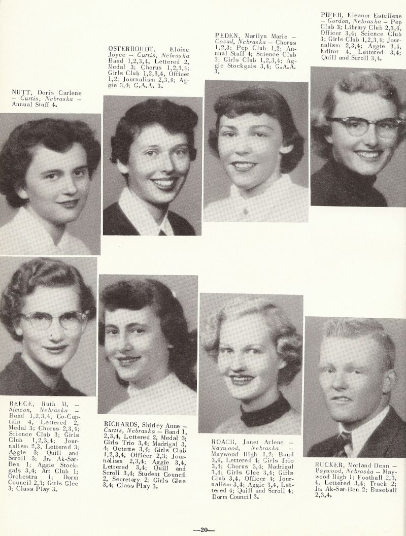 1954 Doris Nutt, Elaine Osterhoudt, Marilyn Peden, Eleanor Pifer, Ruth Reece, Shirley Richards, Janet Roach, Morland Rucker,
