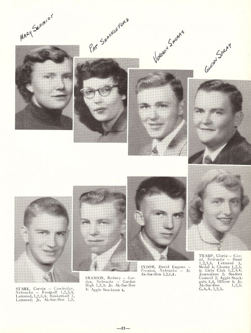 1954 Mary Schmidt, Pat Shackleford, Vernon Shears, Glenn Spray, Corvin Stark, Rodney Swanson, David Sydow, Gloria Tharp,
