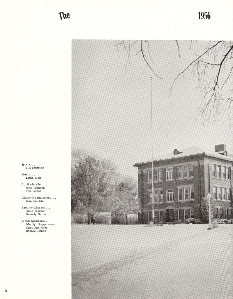 1956 Bill Thurston, Letha Wolf, Jerry Johnson, Tom Remus, Don Younkin, Junie Skinner, Beverly Harms, Marilyn Roggensees, MaryAnn Pifer, Sharon Barnes,
