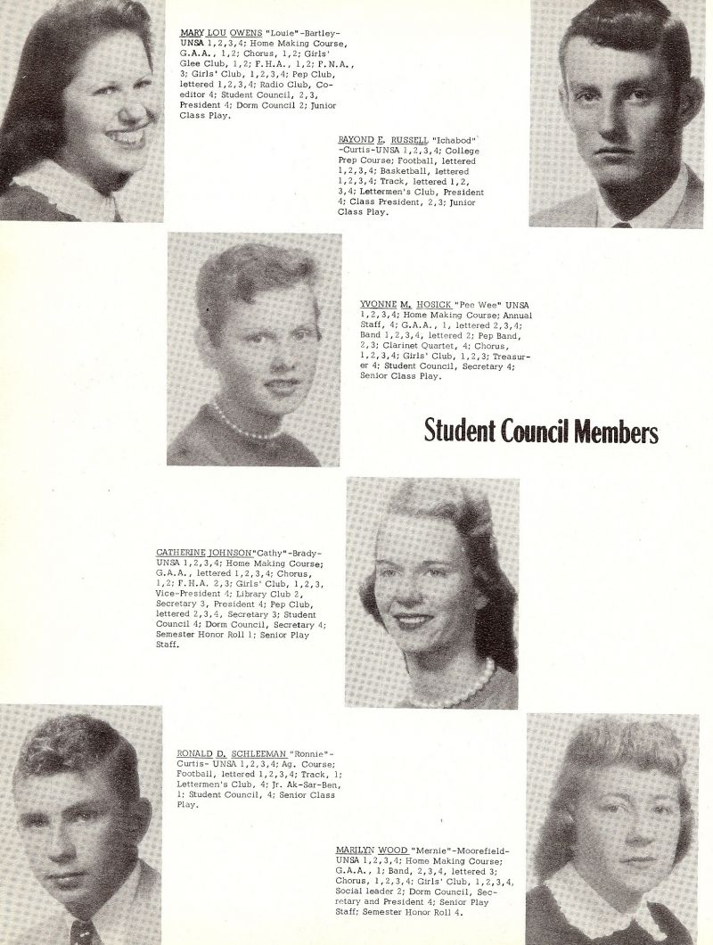 1957 Mary Owens, Louie Owens, Marilyn Owens, Raymond Russell, Yvonne Hosick, Catherine Johnson, Ronald Schleeman, Marilyn Wood,