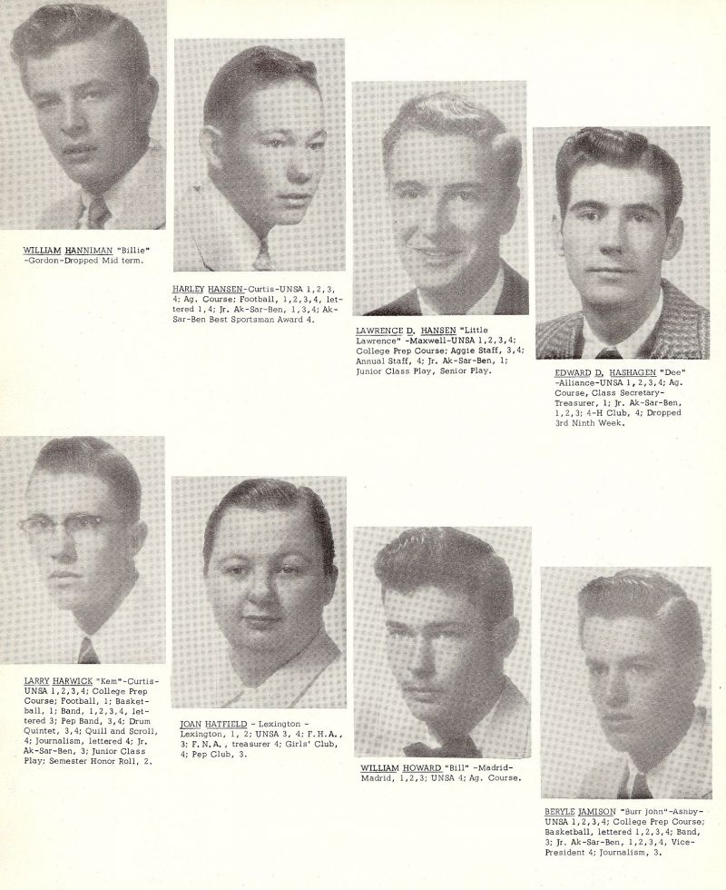 1957 William Hanniman, Harley Hansen, Lawrence Hansen, Edward Hashagen, Larry Haarwick, Joan Hatfield, William Howard, Beryle Jamison,
