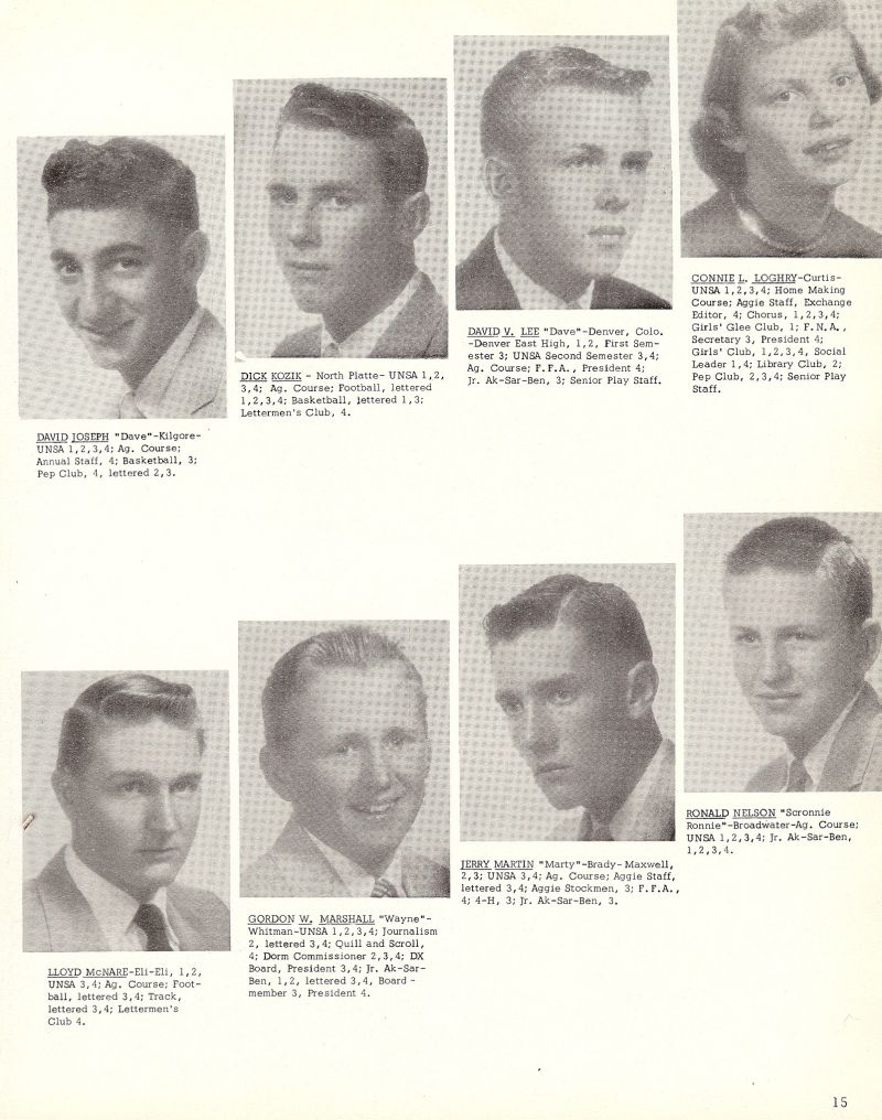 1957 David Joseph, Dick Kozik, David Lee, Connie Loghry, Lloyd McNare, Gordon Marshall, Jerry Martin, Ronald Nelson,
