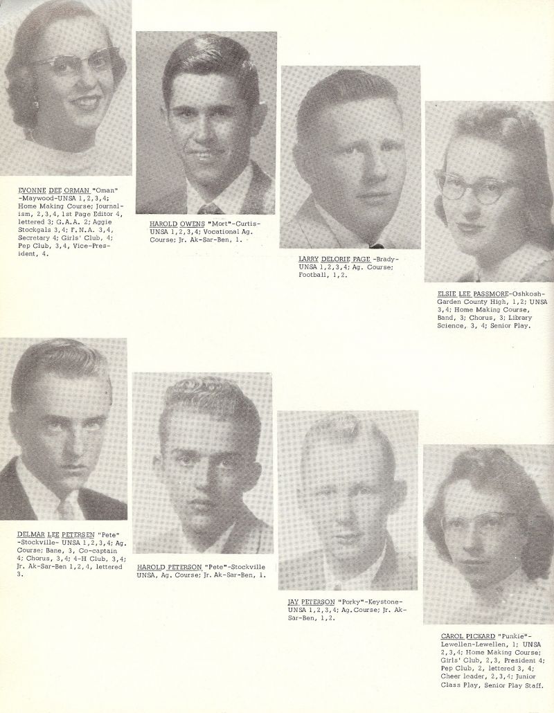 1957 Evonne Orman, Harold Owens, Larry Page, Elsie Passmore, Delmar Petersen, Harold Peterson, Jay Peterson, Carol Pickard,