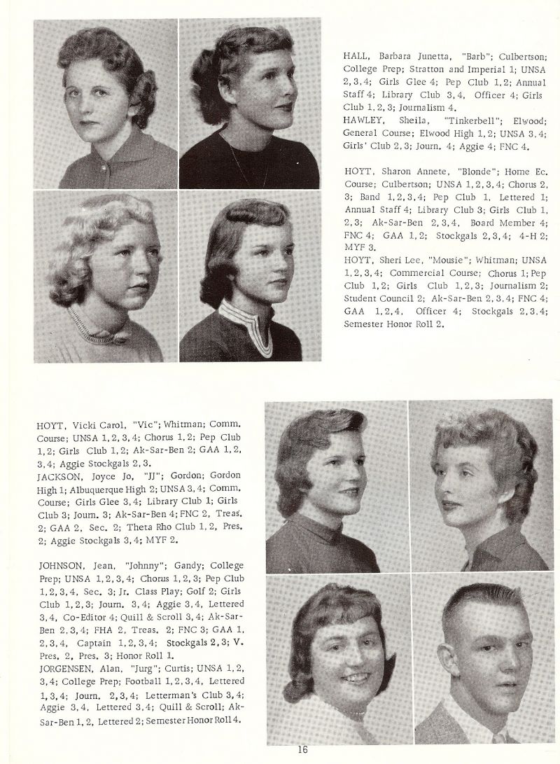 1958 Barbara Hall, Shelia Hawley, Sharon Hoyt, Sheri Hoyt, Vicki Hoyt, Joyce Jackson, Jean Johnson, Alan Jorgensen,
