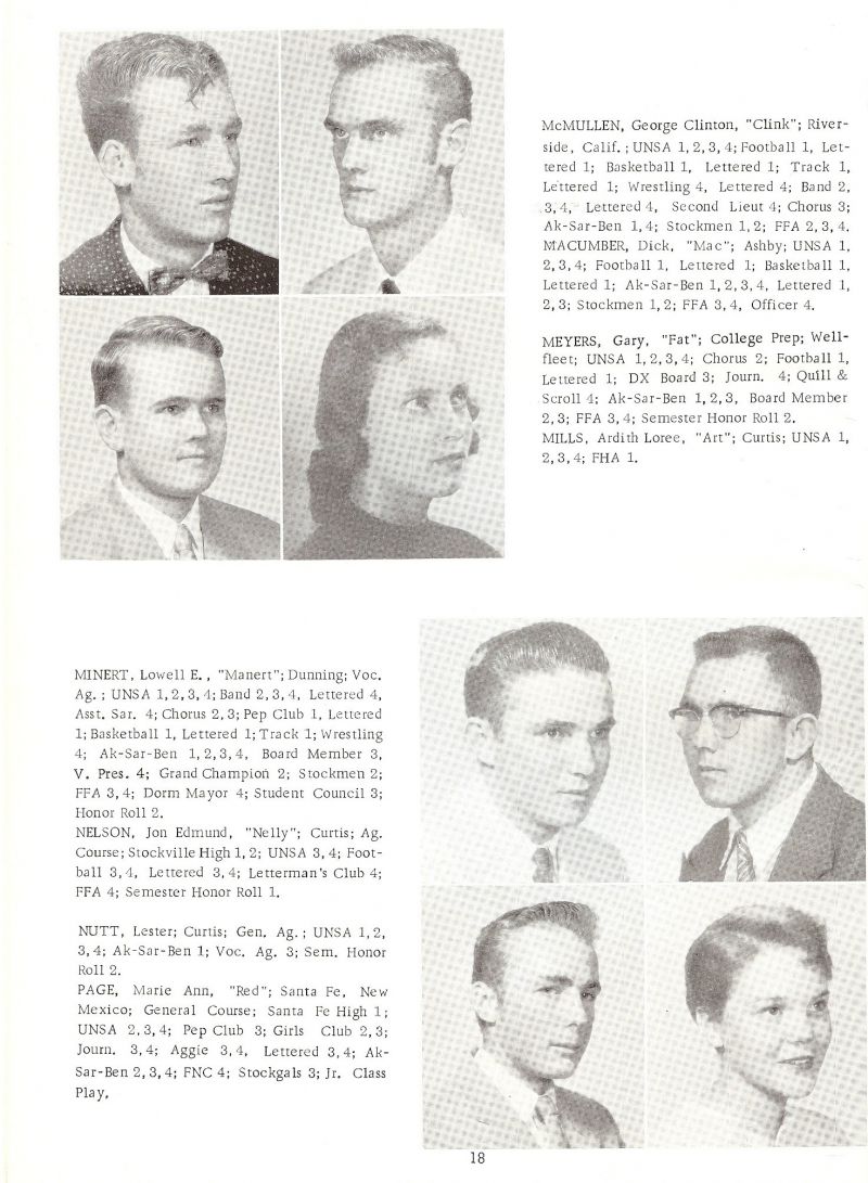 1958 George McMullen, Dick Macumber, Gary Meyers, Ardith Mills, Lowell Minert, Jon Nelson, Lester Nutt, Marie Page,