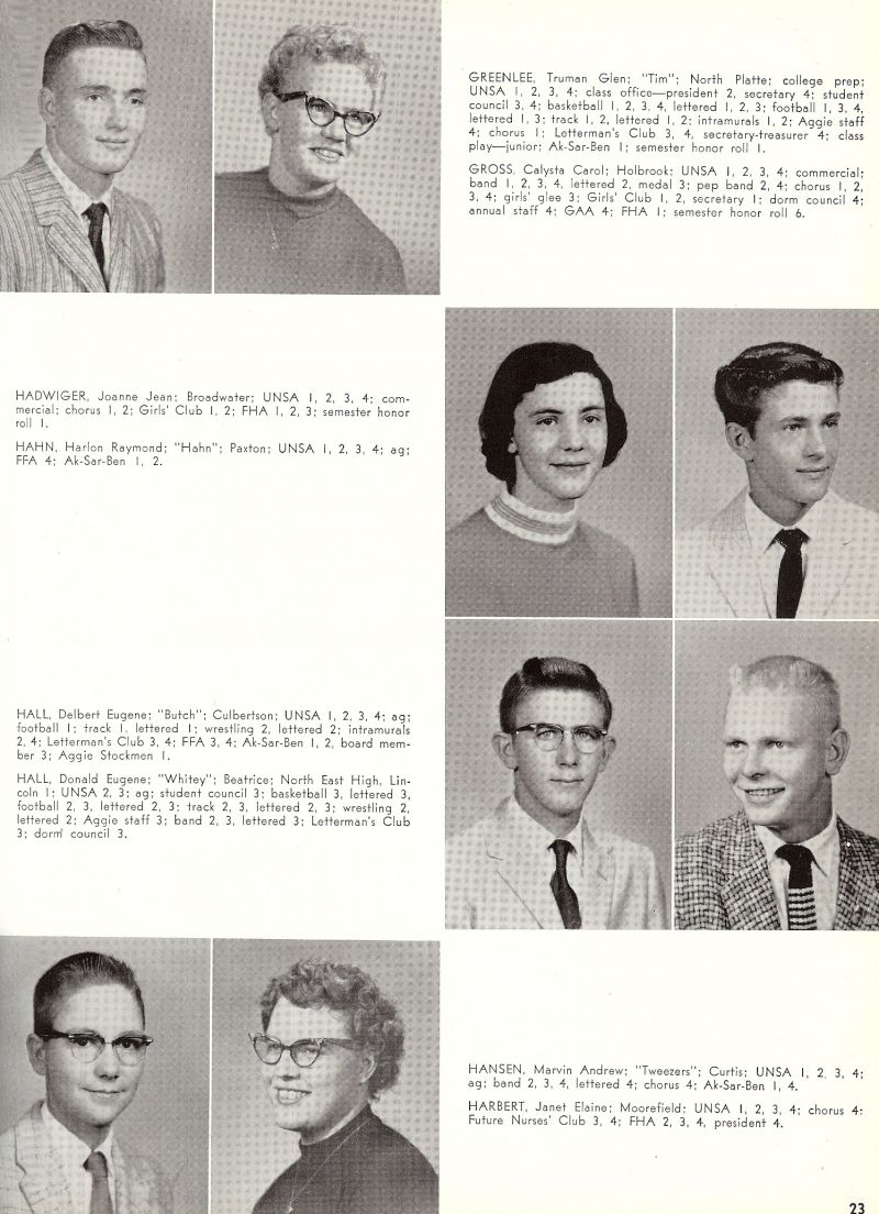 1959 Truman Greenlee, Tim Greenlee, Calysta Gross, Joanne Hadwiger, Harlon Hahn, Delbert Hall, Donald Hall, Marvin Hansen, Janet Harbert,