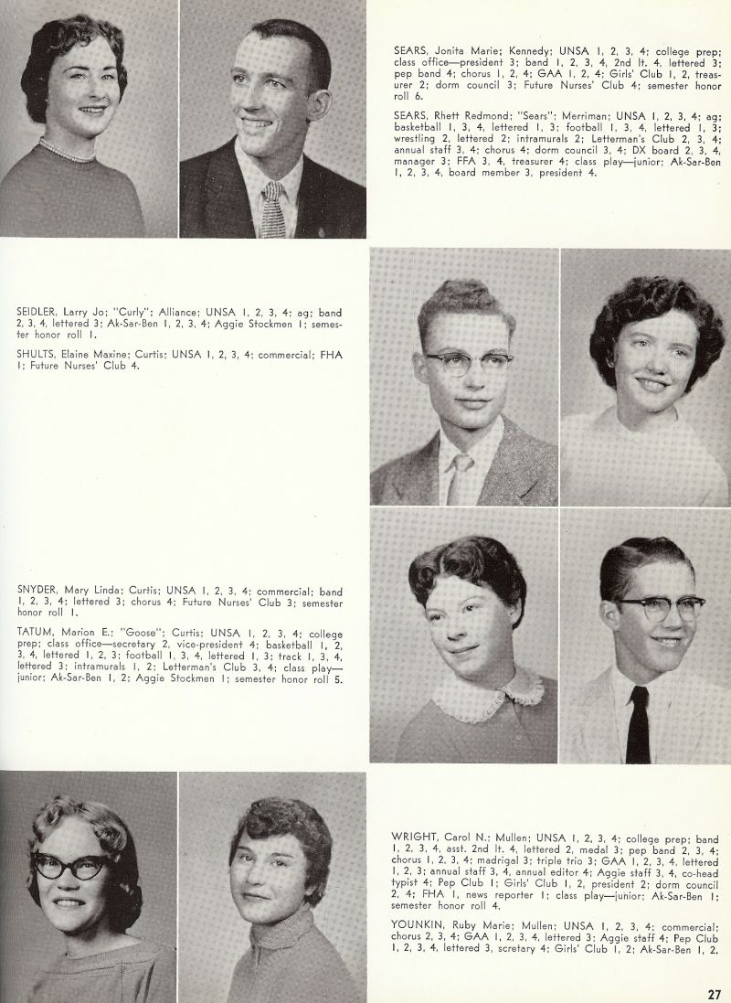 1959 Jonita Sears, Rhett Sears, Larry Seidler, Elaine Shults, Mary Snyder, Marion Tatum, Goose Tatum, Carol Wright, Ruby Younkin,