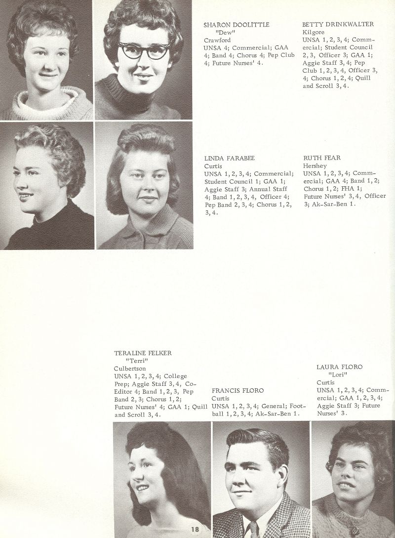 1962 Sharon Doolittle, Betty Drinkwalter, Linda Farabee, Ruth Fear, Teraline Felker, Terri Felker, Francis Floro, Laura Floro,
